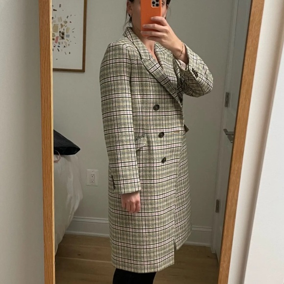 J. Crew Plaid Long Peacoat Double Breasted Italian Wool Ivory Pink Size 4 - Picture 14 of 14